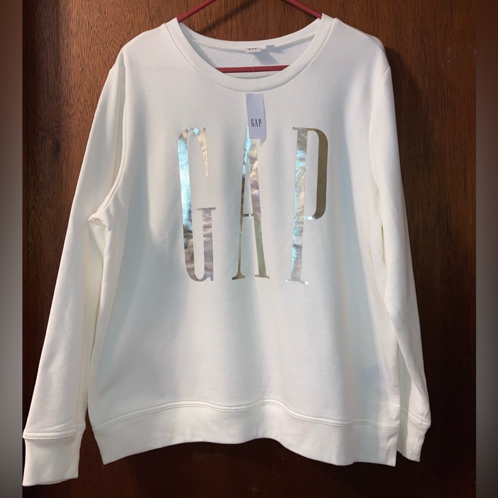 Gap Off White/ Ivory Pullover Logo  Sweatshirt  Size L Metallic Gold Logo NWT